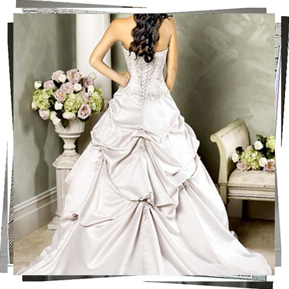 NWOT: Strapless White Satin Victorian Inspired Wedding Gown w/ Crystal & Beading - Picture 2 of 10